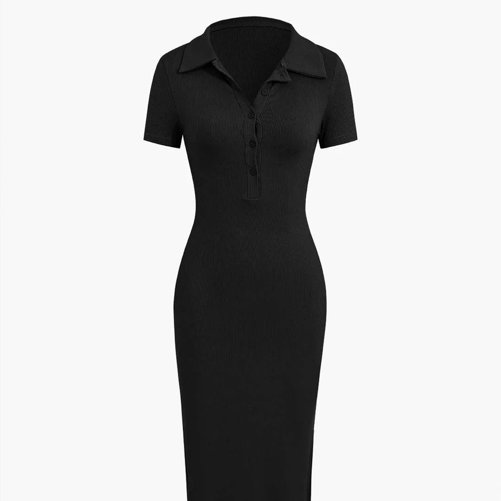Black Sheath Maxi Dress with Polo Collar and Short Sleeves